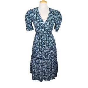 St. Roche Women’s “Pearl” Organic Cotton Blue Floral V-Neck Wrap Dress 6 NWT